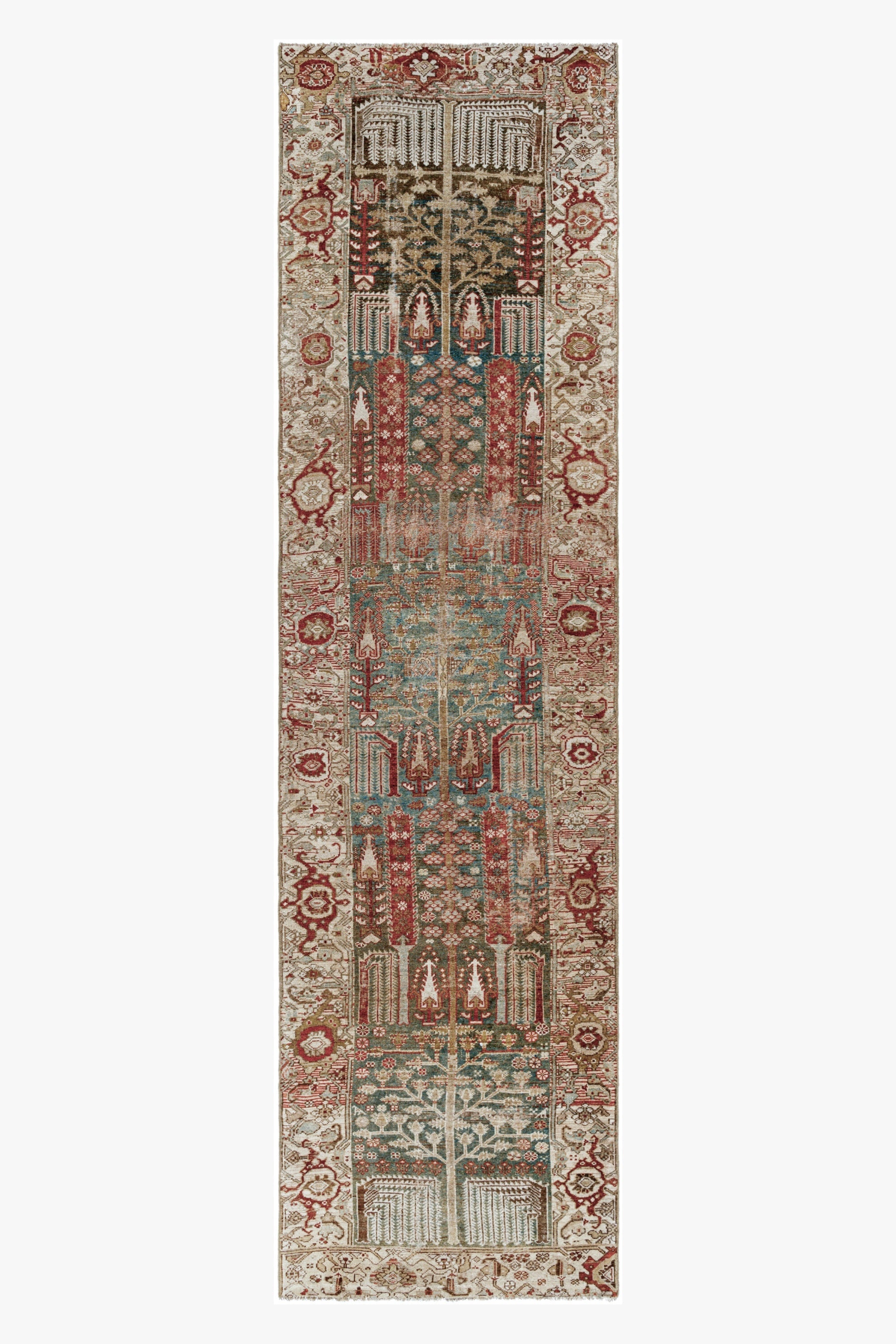 District Loom 1920s Antique Persian Hamadan Runner Rug with Tree of Life Motif 3'7" x 13'1"