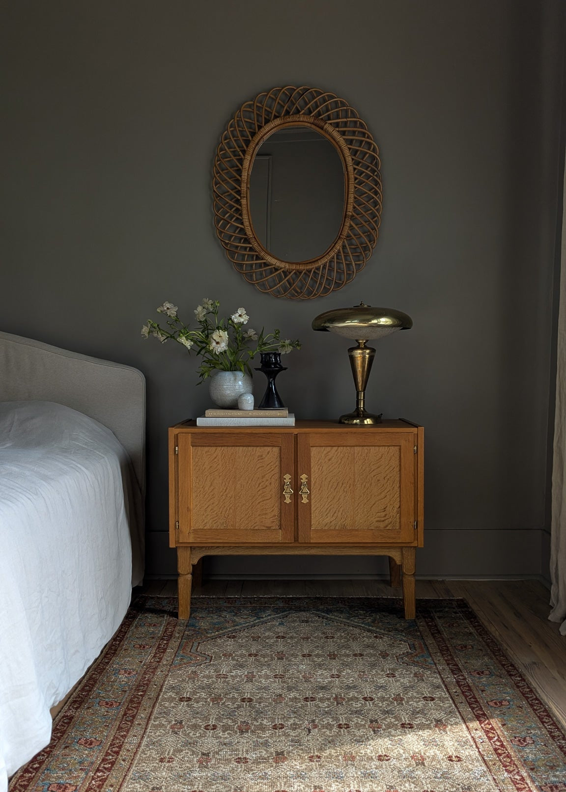 Pair of Vintage Henning Kjærnulf-Attributed Quartersawn White Oak Cabinets/Nightstands with Original Brass Pulls