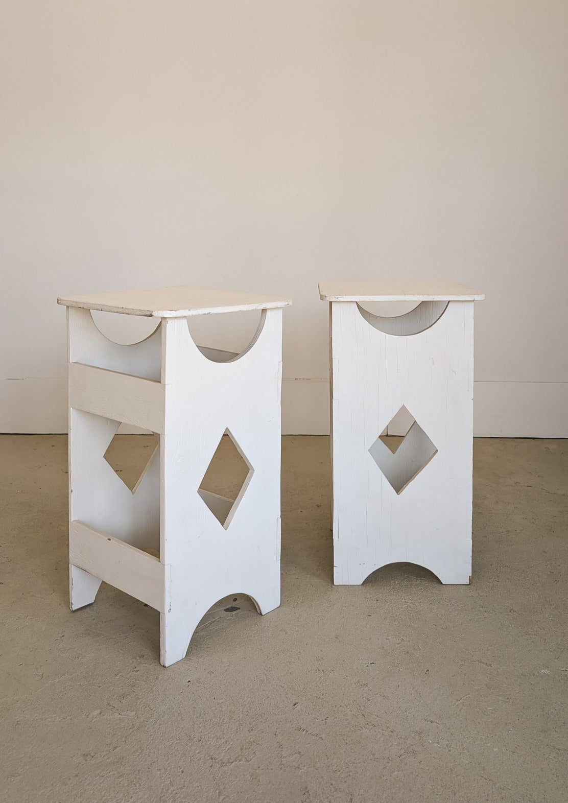 Pair of Primitive Folk Art-Style White Wooden Side Tables