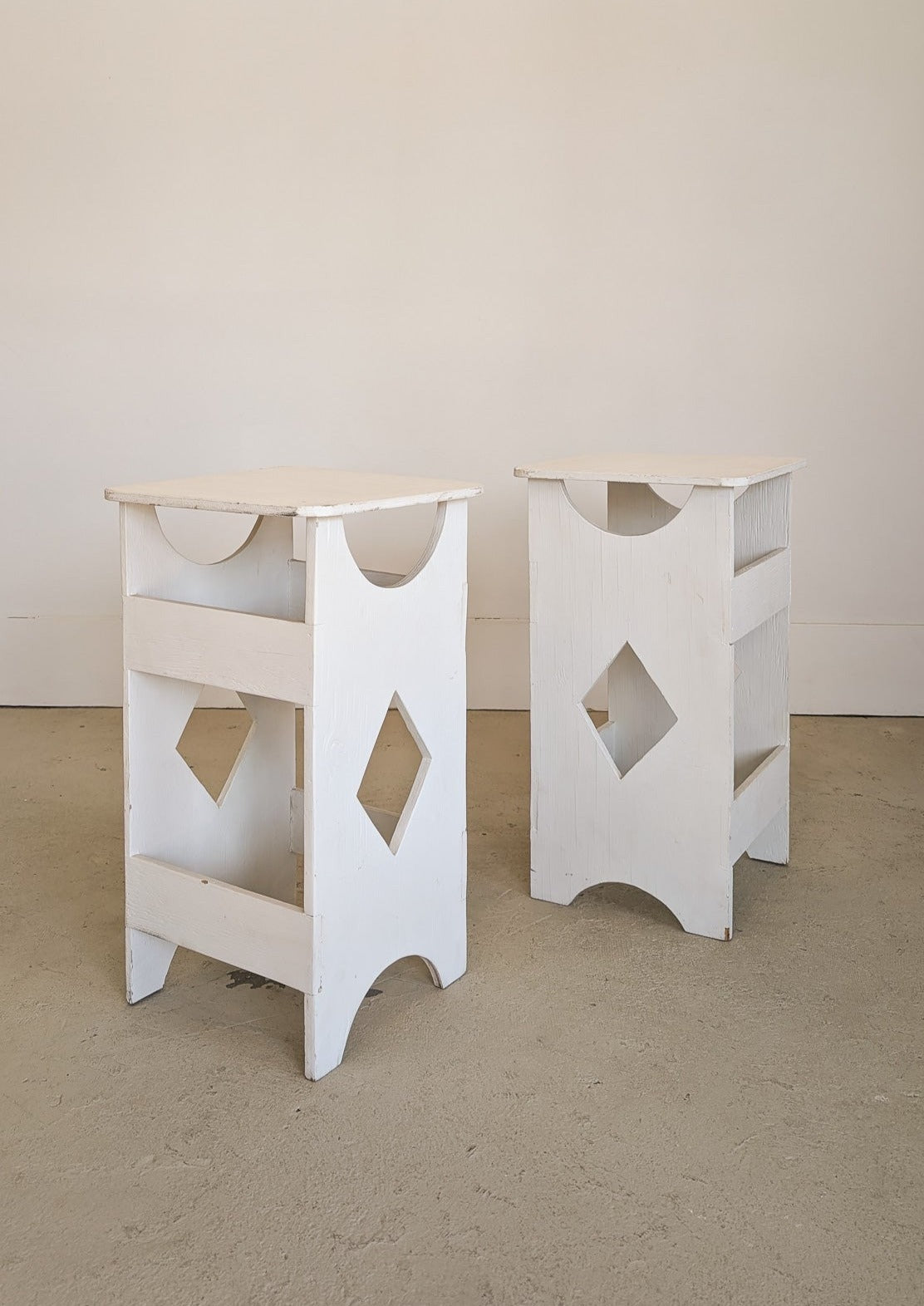 Pair of Primitive Folk Art-Style White Wooden Side Tables