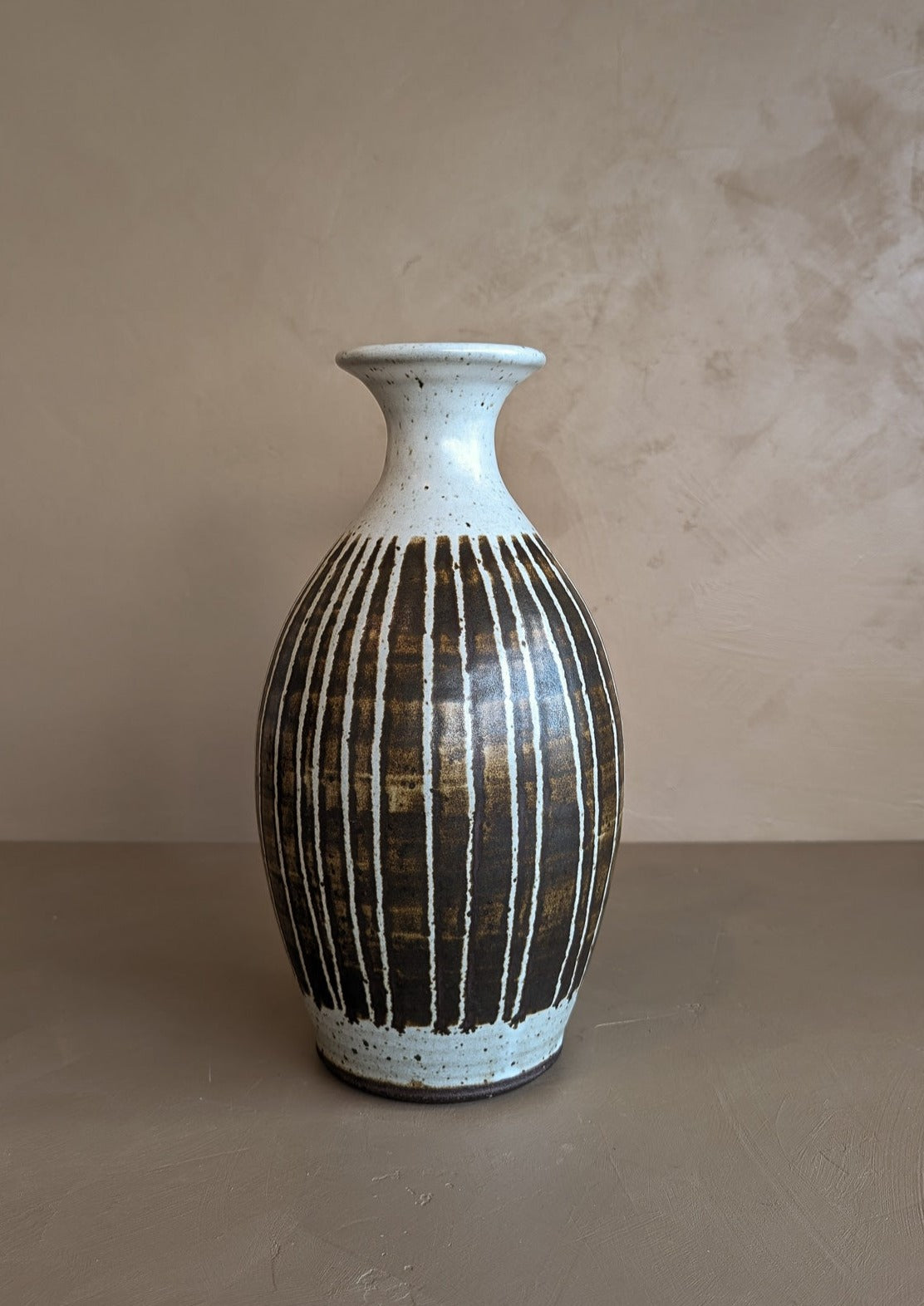 Signed Midcentury Brown Striped Studio Pottery Vase