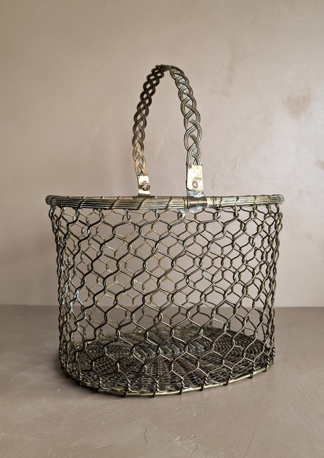 Vintage Woven Brass Basket with Movable Handle