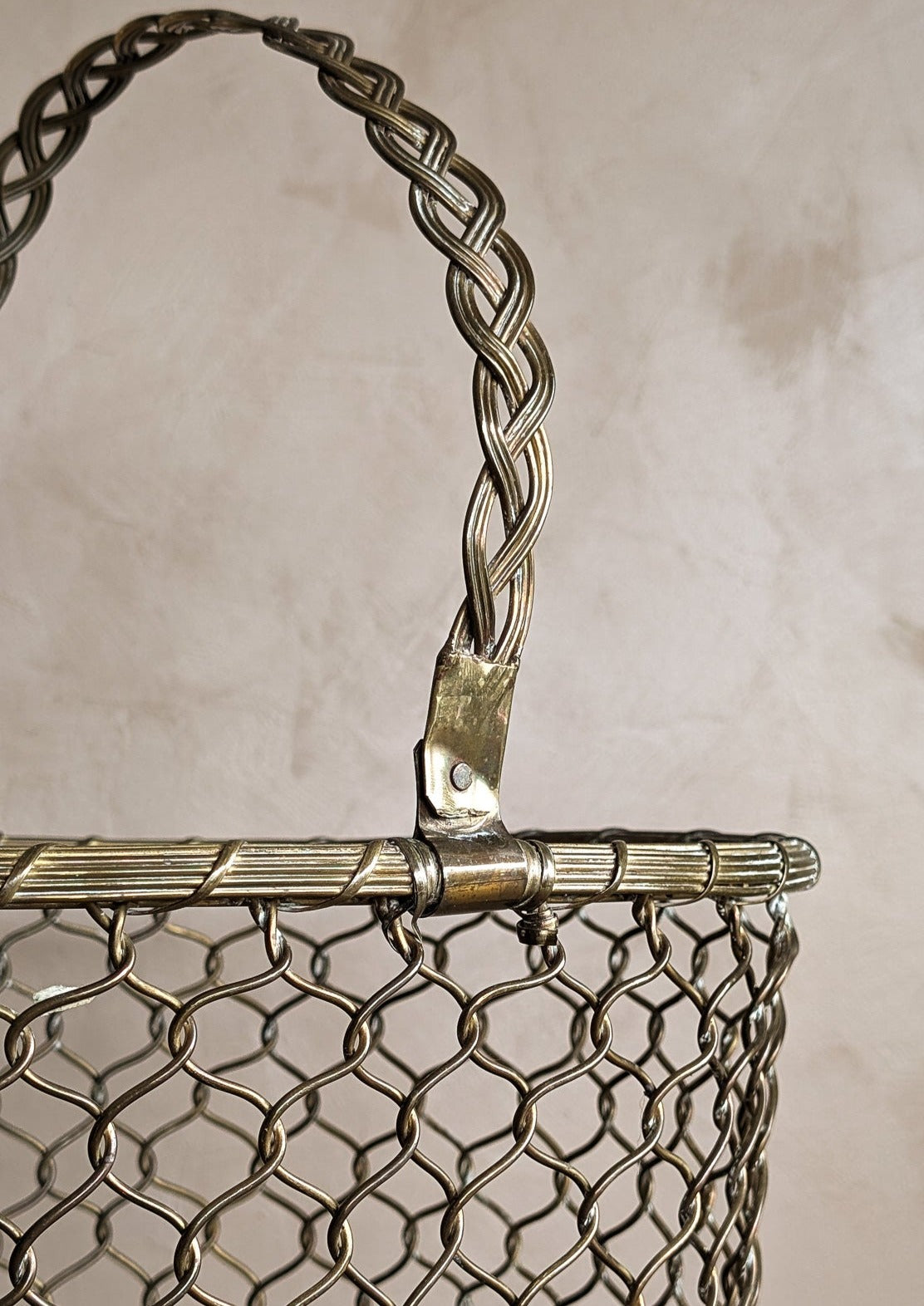 Vintage Woven Brass Basket with Movable Handle