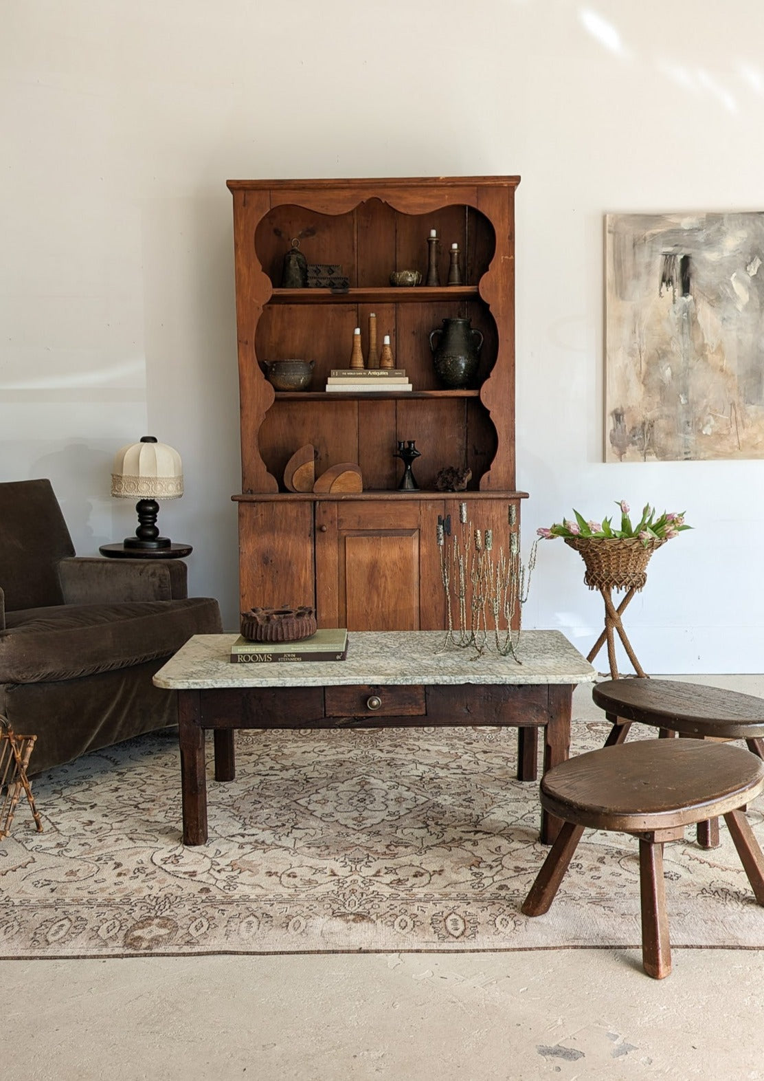 Vintage Wooden Hutch with Scalloped Detailing