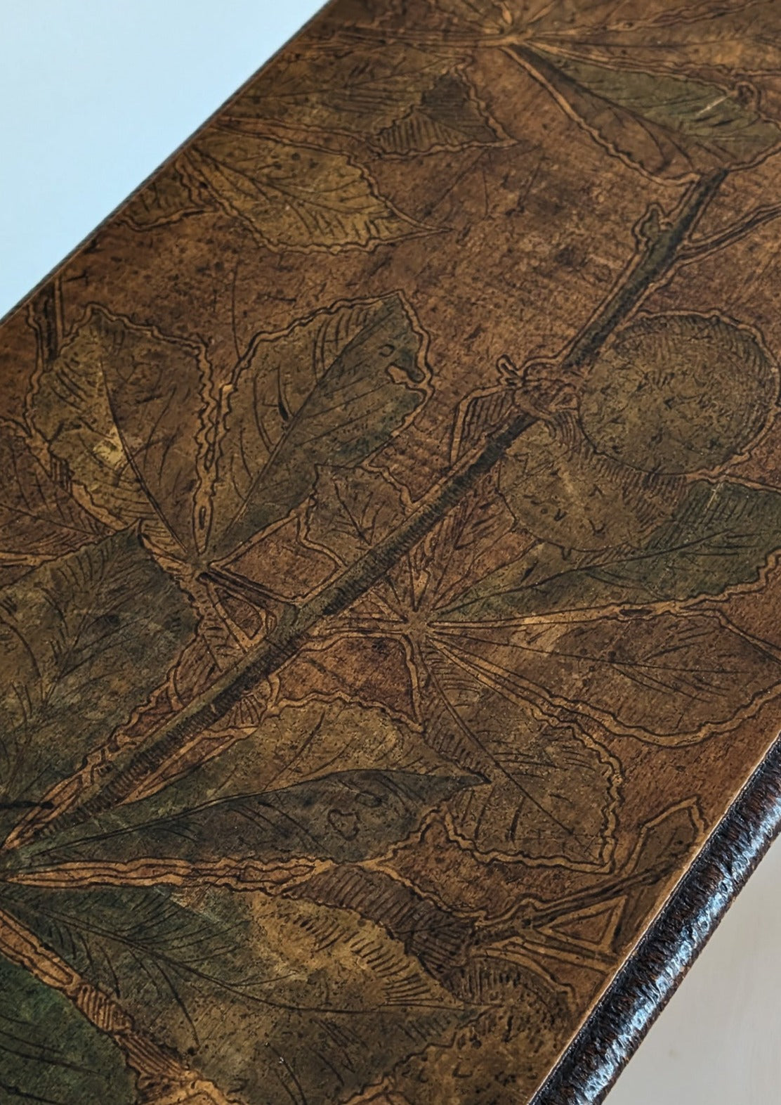Late 1800s/Early 1900s Handmade Stained Pyrography Side Table/Bench with Floral Detailing