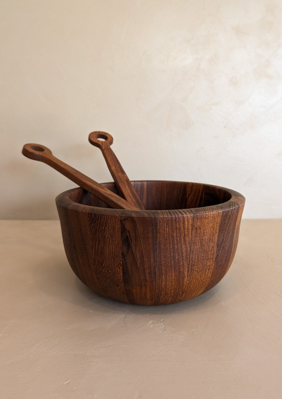 Rare Vintage Dansk Dark Wooden Salad Bowl and Serving Utensils