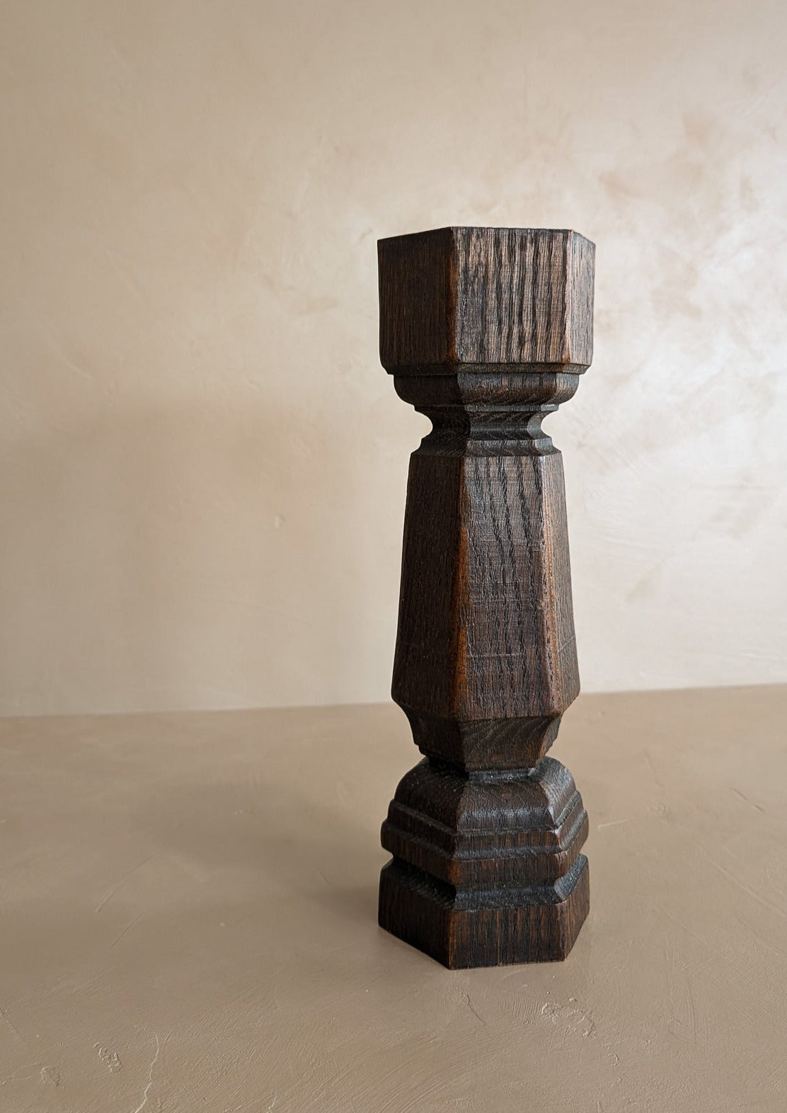 Vintage Large Chunky Dark Wooden Brutalist-Style Candlestick