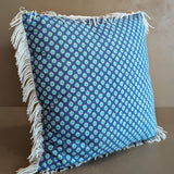 Handmade Square Blue Floral Patterned Pillow with White Fringe