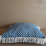 Handmade Square Blue Floral Patterned Pillow with White Fringe