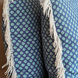 Handmade Square Blue Floral Patterned Pillow with White Fringe