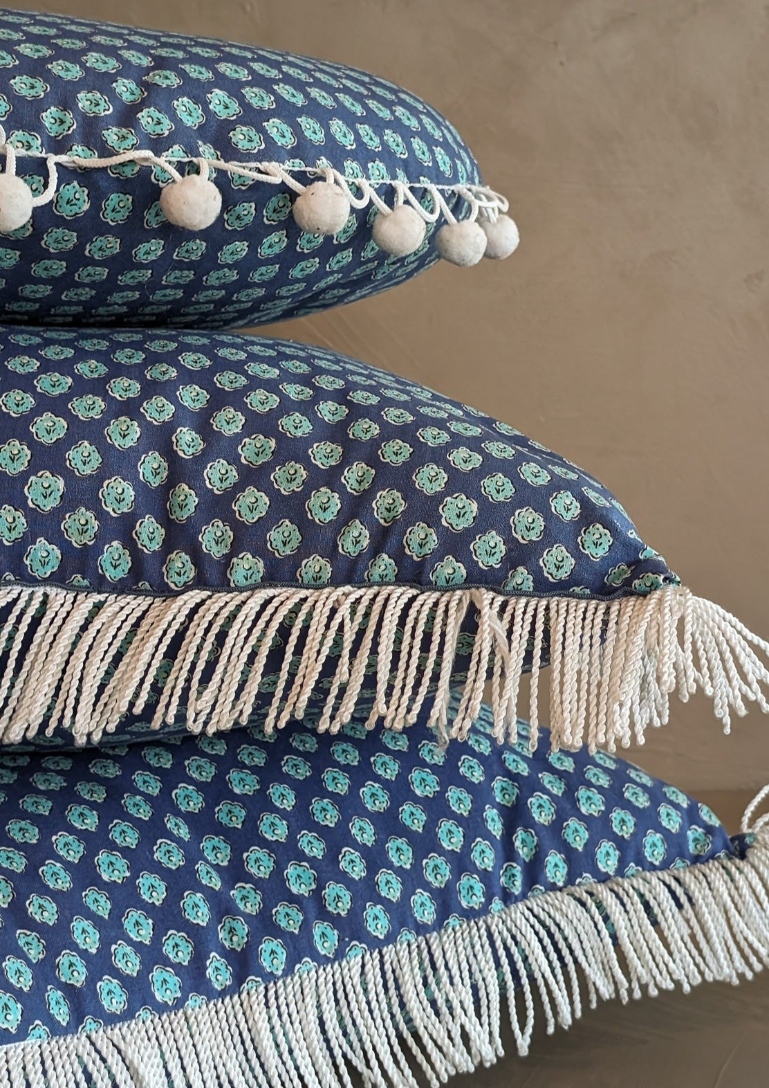 Handmade Round Blue Floral Patterned Pillow with Pom-Pom Fringe