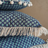 Handmade Round Blue Floral Patterned Pillow with Pom-Pom Fringe