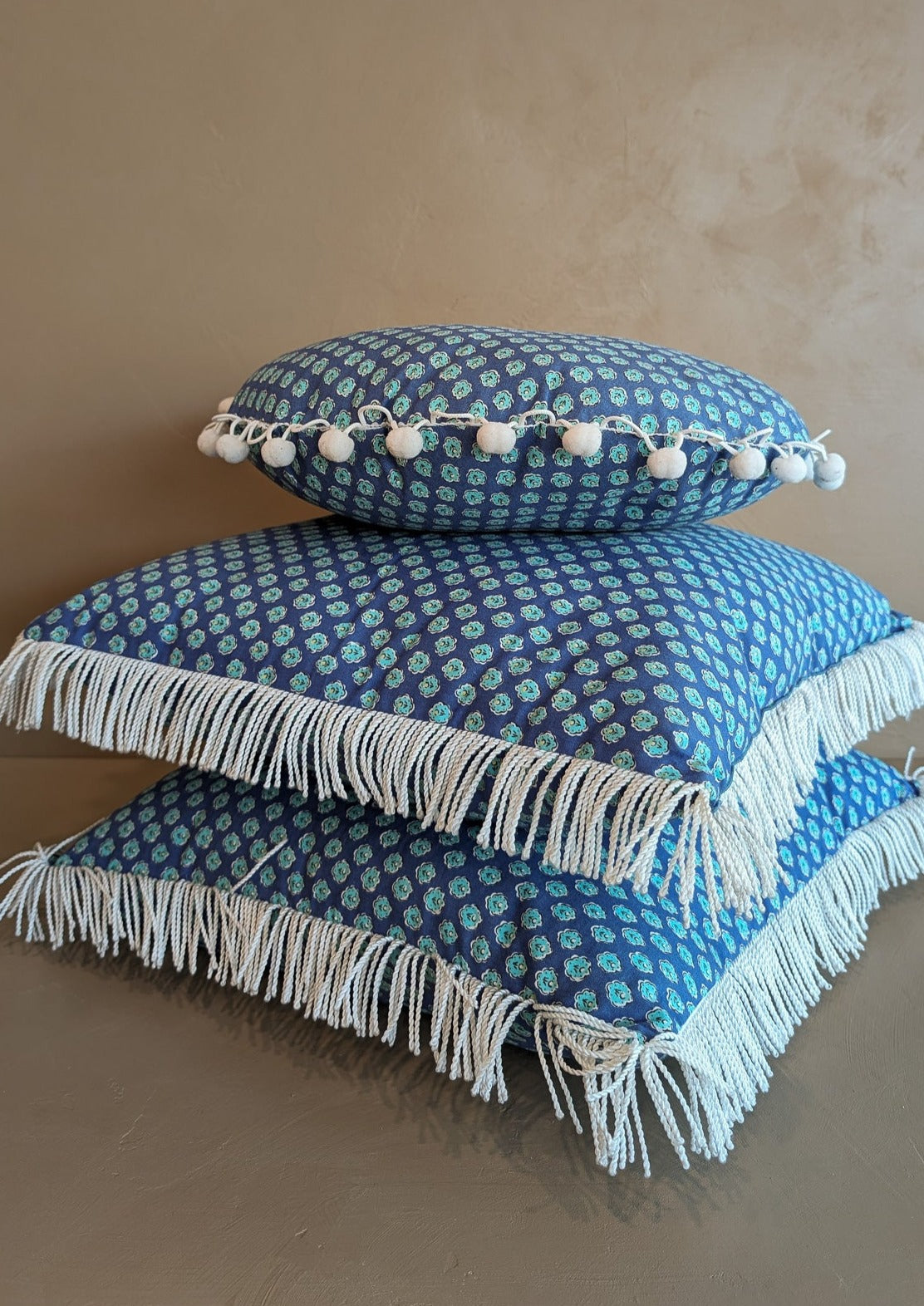 Handmade Round Blue Floral Patterned Pillow with Pom-Pom Fringe