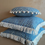 Handmade Round Blue Floral Patterned Pillow with Pom-Pom Fringe