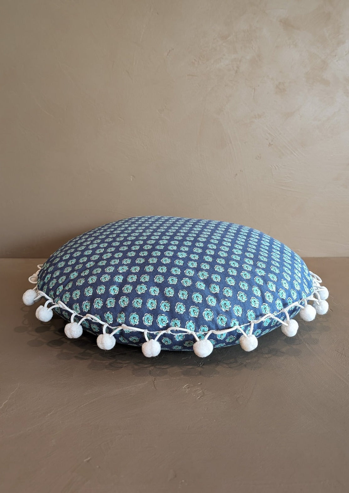 Handmade Round Blue Floral Patterned Pillow with Pom-Pom Fringe