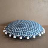 Handmade Round Blue Floral Patterned Pillow with Pom-Pom Fringe