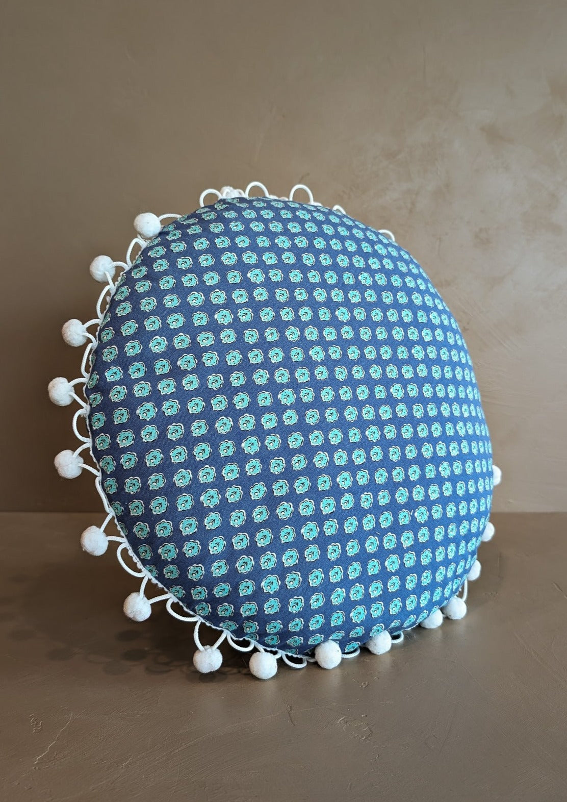 Handmade Round Blue Floral Patterned Pillow with Pom-Pom Fringe