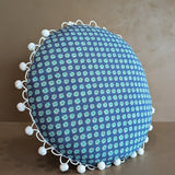 Handmade Round Blue Floral Patterned Pillow with Pom-Pom Fringe