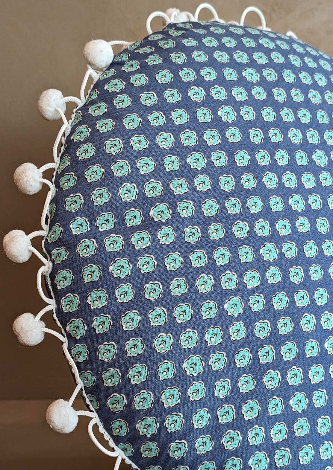 Handmade Round Blue Floral Patterned Pillow with Pom-Pom Fringe