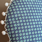 Handmade Round Blue Floral Patterned Pillow with Pom-Pom Fringe