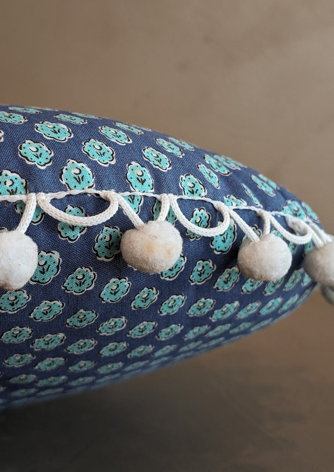 Handmade Round Blue Floral Patterned Pillow with Pom-Pom Fringe