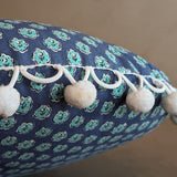 Handmade Round Blue Floral Patterned Pillow with Pom-Pom Fringe