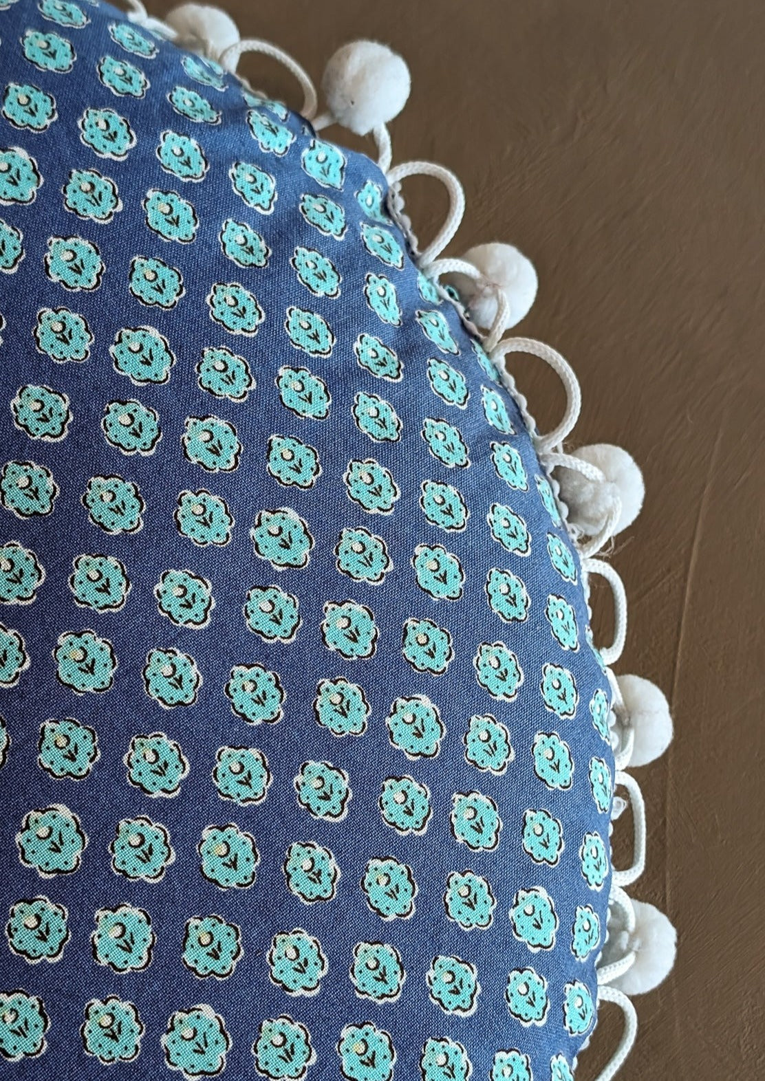 Handmade Round Blue Floral Patterned Pillow with Pom-Pom Fringe