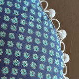 Handmade Round Blue Floral Patterned Pillow with Pom-Pom Fringe