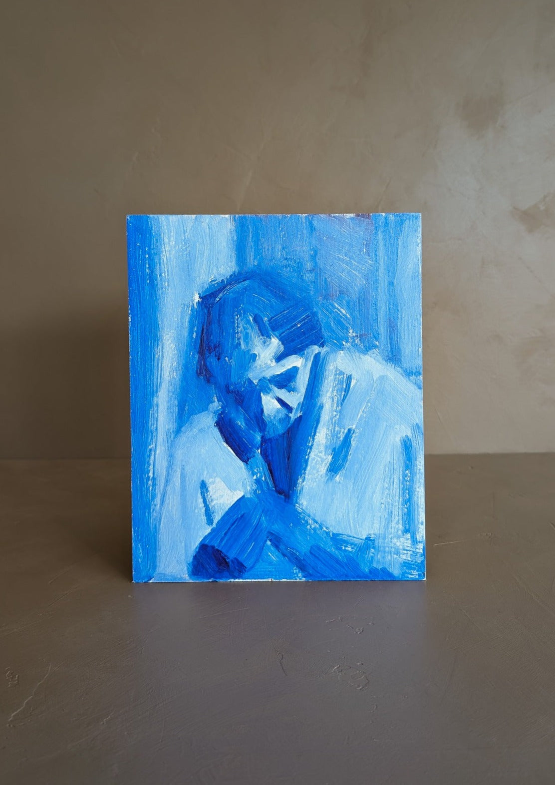 Original Blue Impressionist-Style Portrait of a Woman on Wood