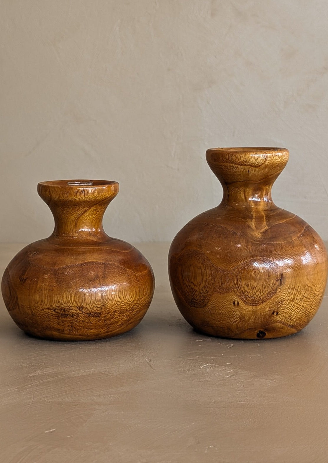 Pair of Vintage Hand-turned Wooden Vases with Glass Tubes