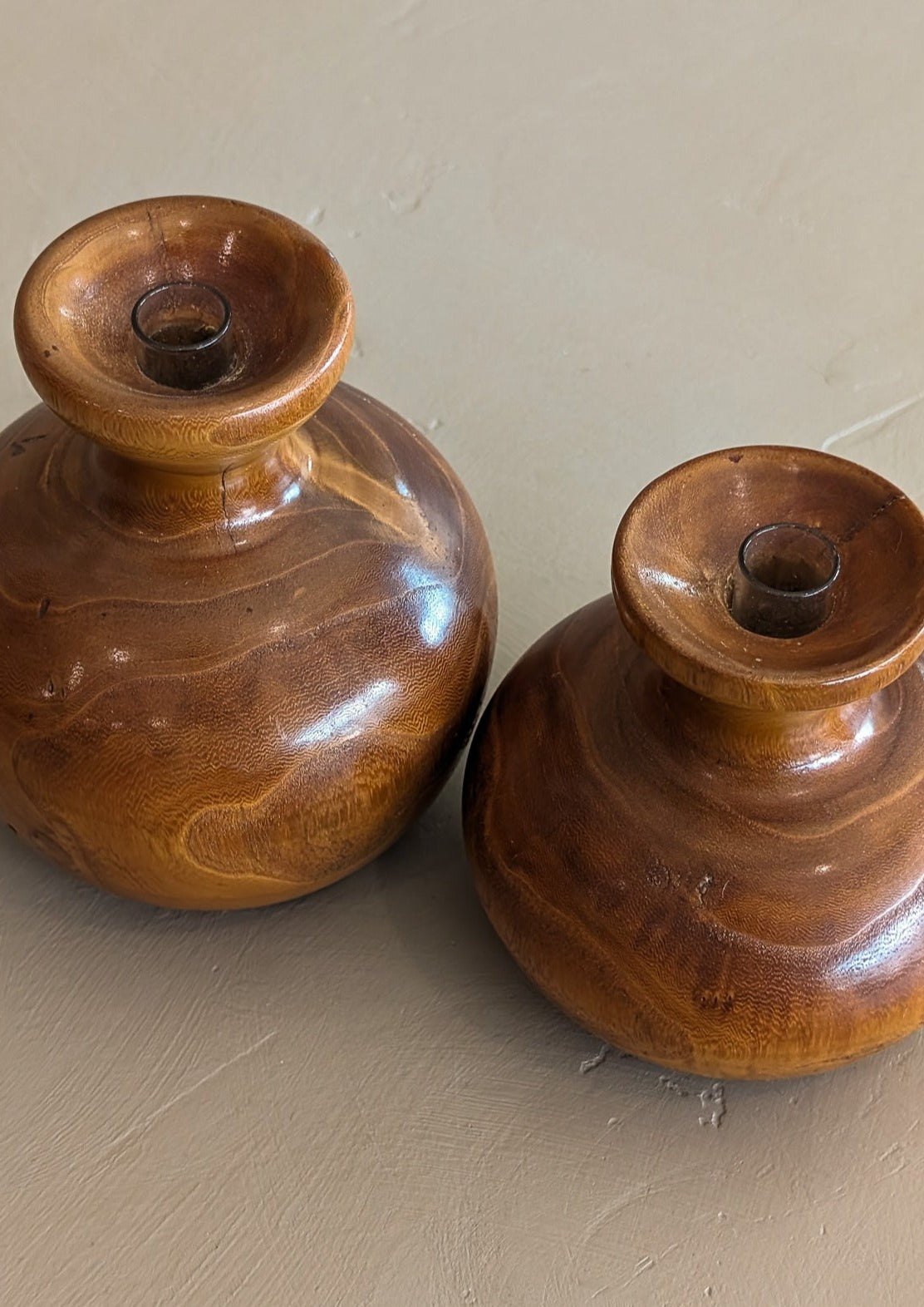 Pair of Vintage Hand-turned Wooden Vases with Glass Tubes