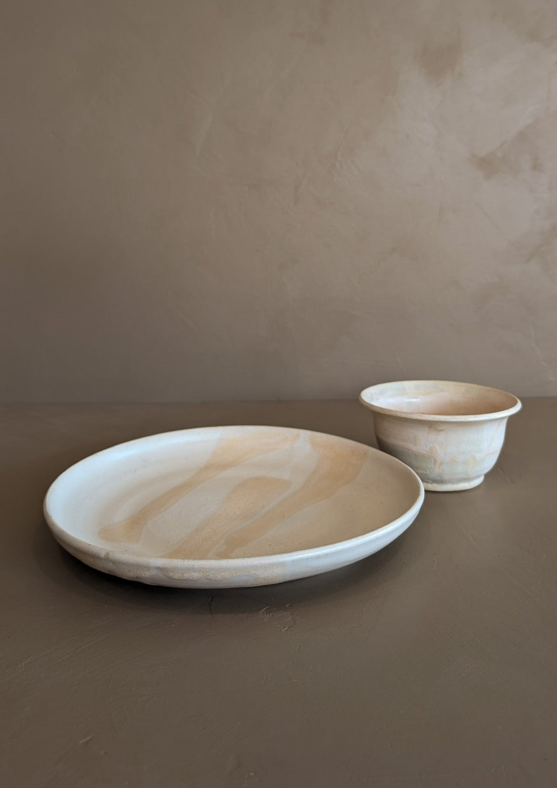 Handmade Blush and Peach Studio Pottery Plate and Bowl Set