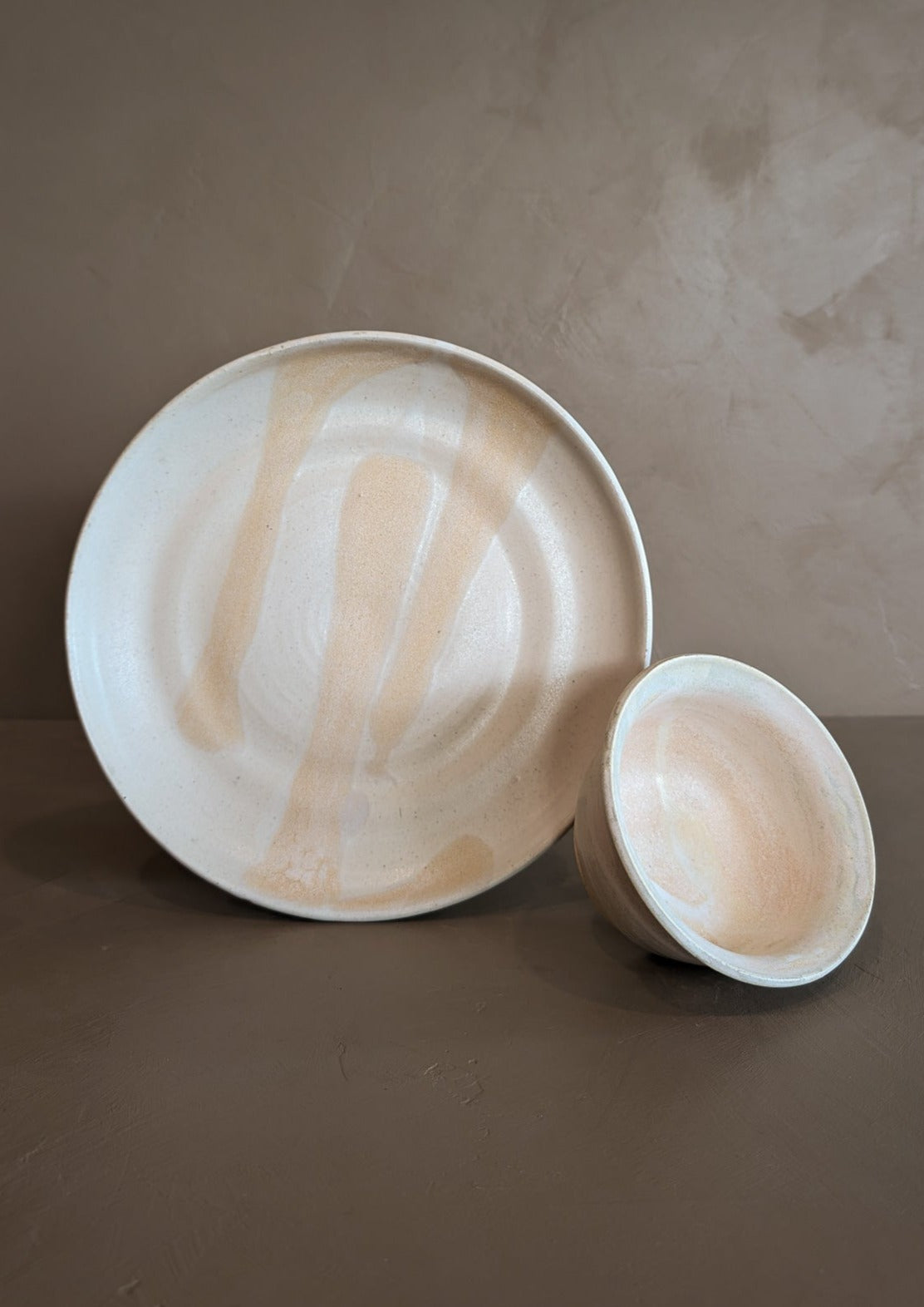 Handmade Blush and Peach Studio Pottery Plate and Bowl Set