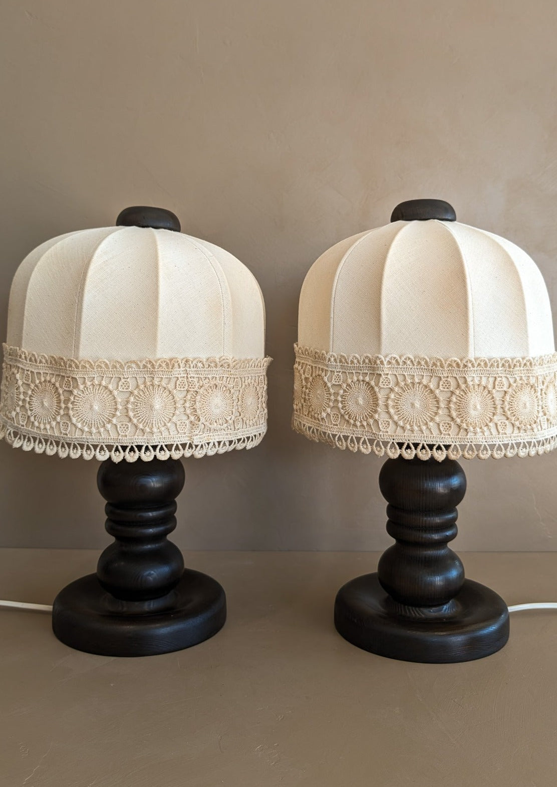 Pair of Vintage Swedish Markslöjd Dark Pine Table Lamps with Original Shades