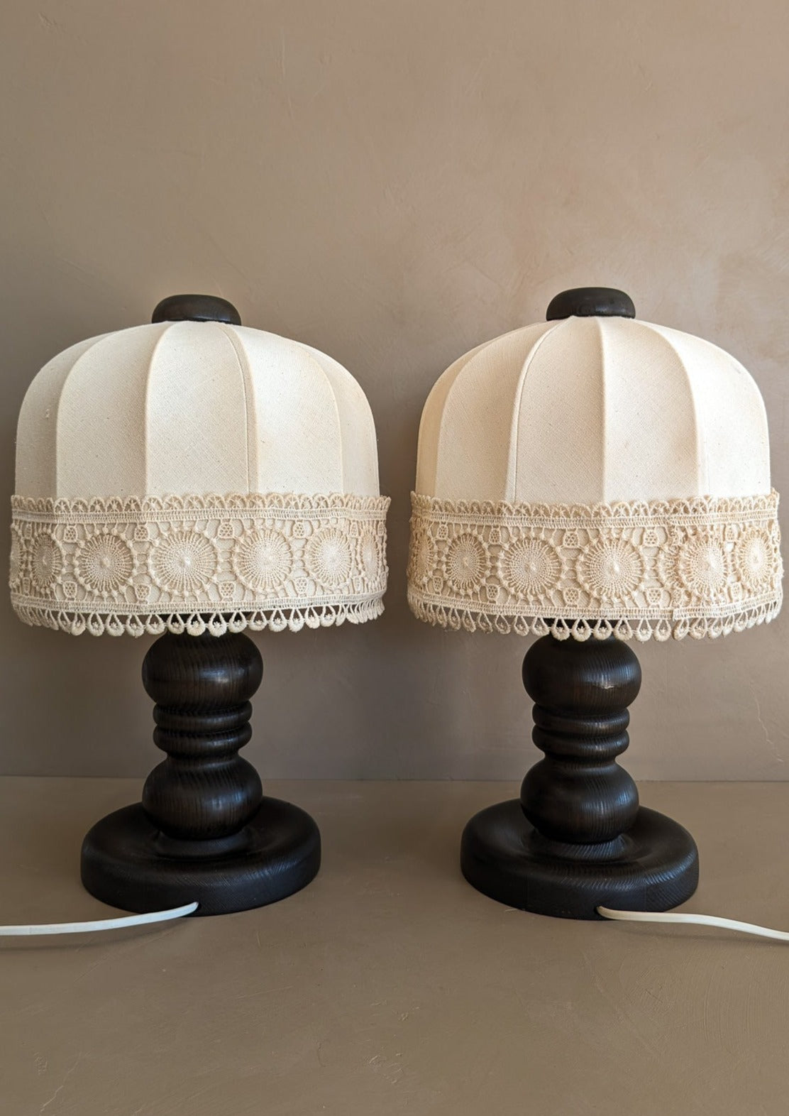 Pair of Vintage Swedish Markslöjd Dark Pine Table Lamps with Original Shades