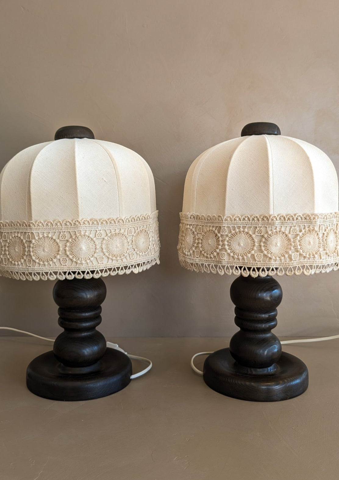 Pair of Vintage Swedish Markslöjd Dark Pine Table Lamps with Original Shades