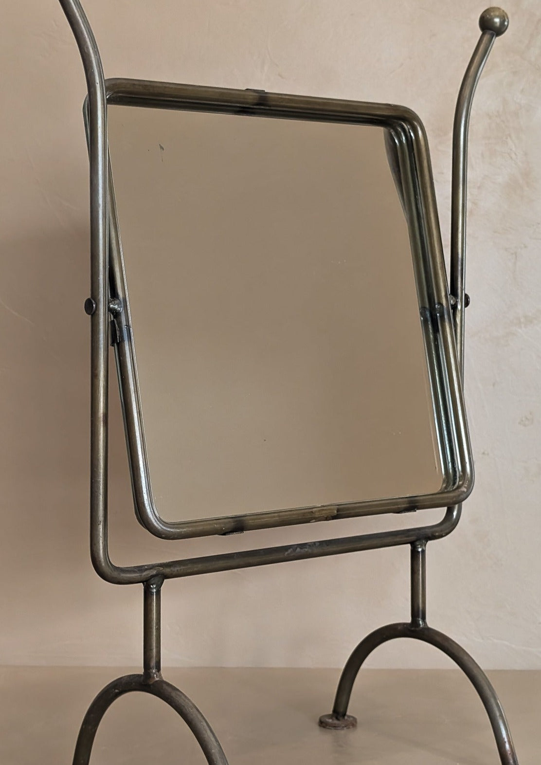Unique Vintage Postmodern Tilting Metal Tabletop Mirror with Ball Detailing