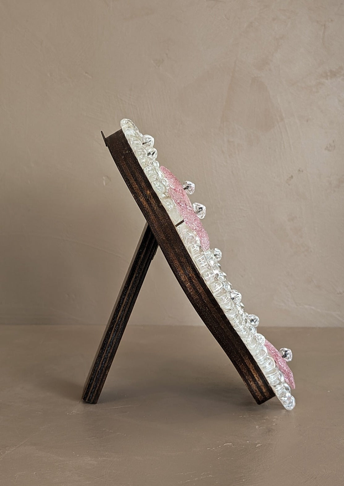 Petite Vintage Murano Mirror with Pink Glass Flowers and Stand