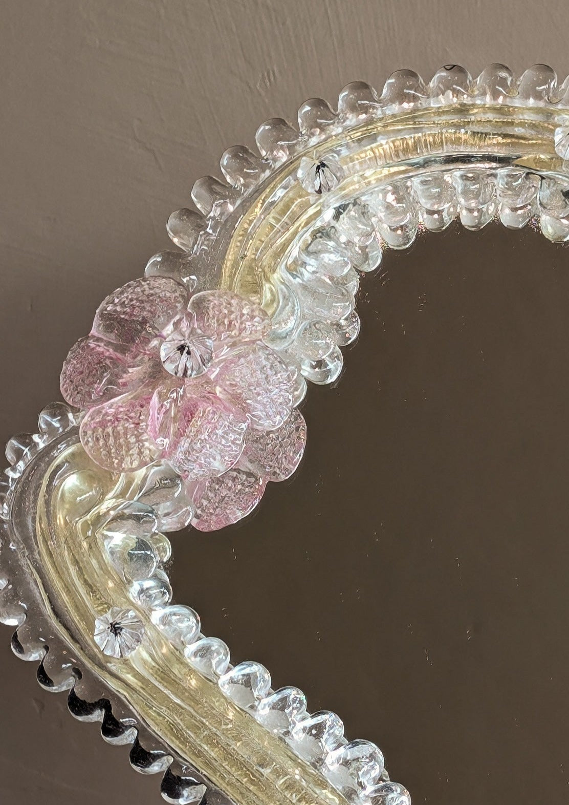 Petite Vintage Murano Mirror with Pink Glass Flowers and Stand