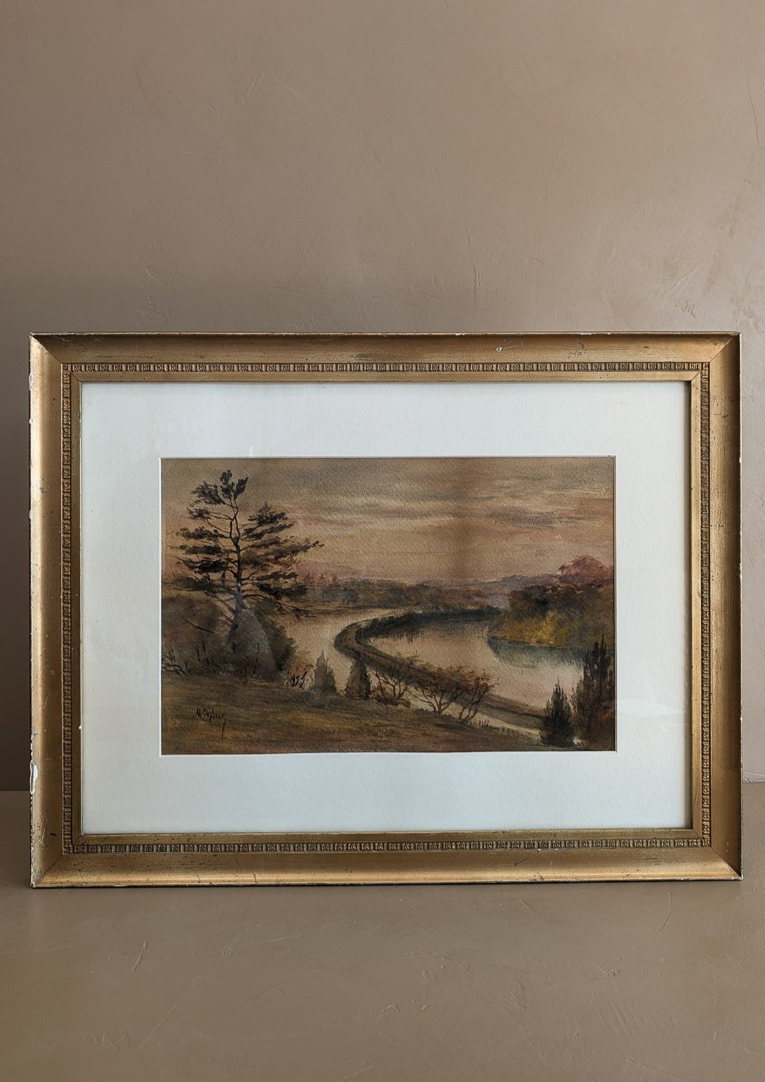 Original Signed and Framed Watercolor Landscape Painting by M. Cushing