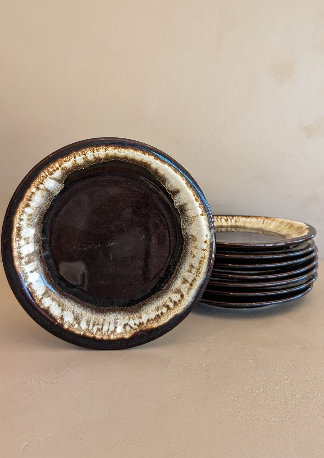 Vintage Pfaltzgraff Brown and White Drip Glaze Dinner Plates - Sold in Sets of 2