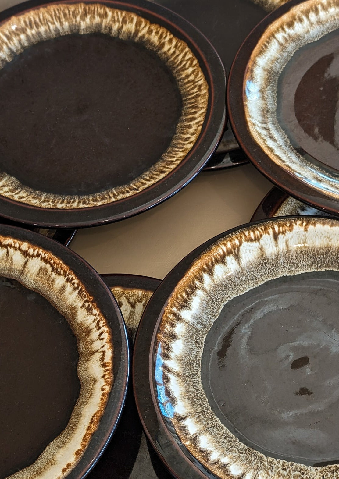 Vintage Pfaltzgraff Brown and White Drip Glaze Dinner Plates - Sold in Sets of 2