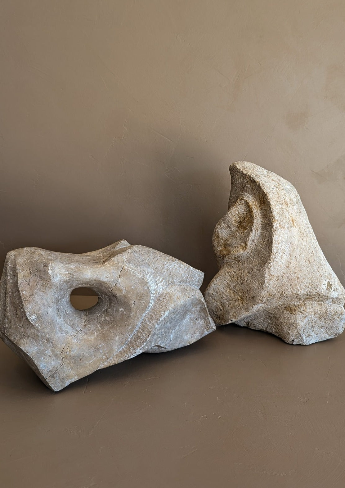 Pair of Heavy Hand-carved Abstract Biomorphic Stone Sculptures