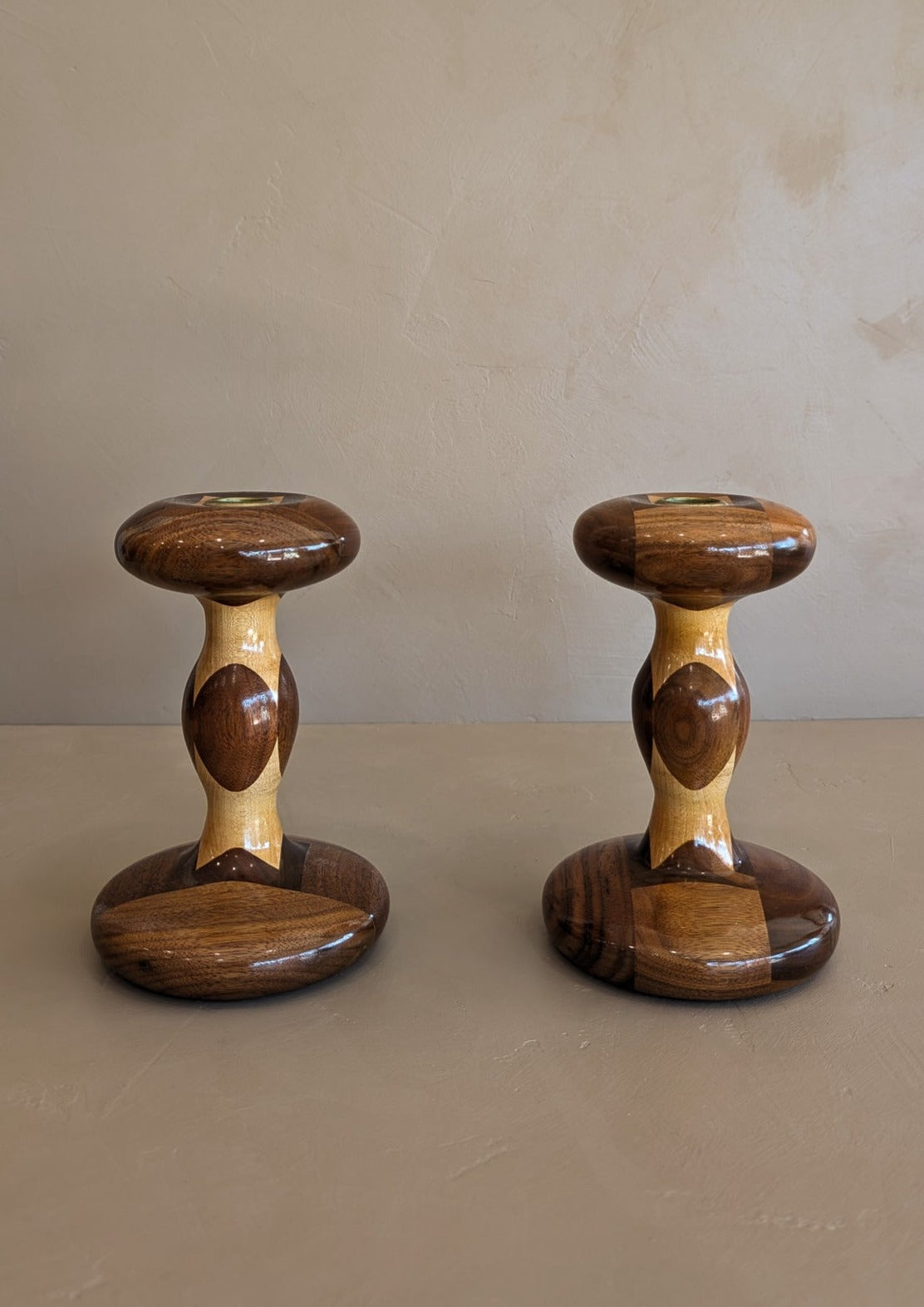 Pair of Vintage Hand-turned Marquetry Candlesticks