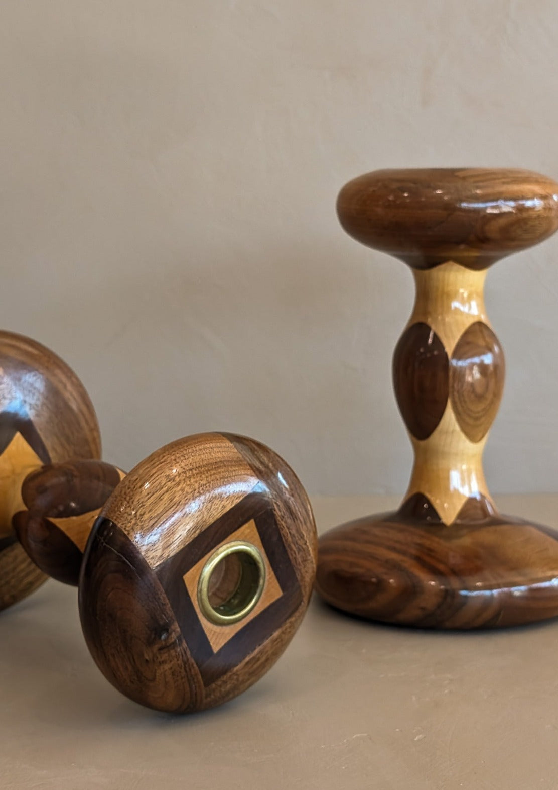 Pair of Vintage Hand-turned Marquetry Candlesticks