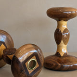 Pair of Vintage Hand-turned Marquetry Candlesticks