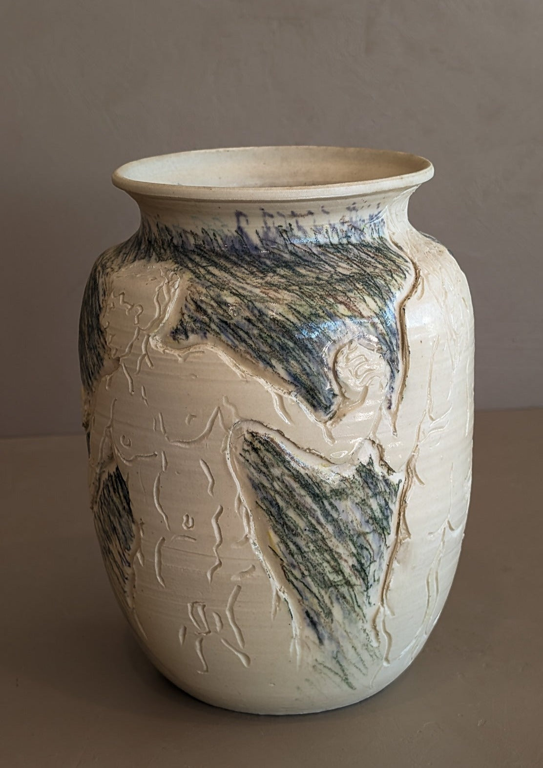Vintage Signed Donald Veilleux Etched Dancing Nudes Vase