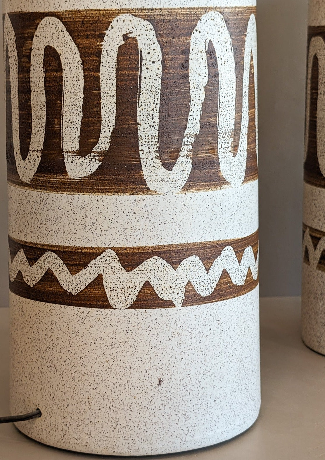 Pair of Vintage Brown and Cream Squiggle Ceramic Lamps