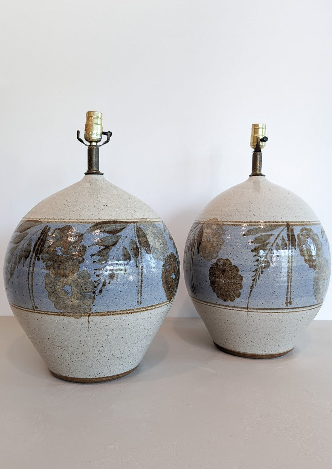 Large Midcentury Stoneware Table Lamp with Blue and Brown Floral Detailing - Sold Individually