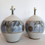 Large Midcentury Stoneware Table Lamp with Blue and Brown Floral Detailing - Sold Individually